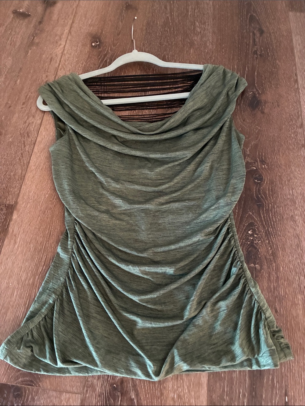 By & by Draped Olive Green Cowl Neck Women's Top. Green w/ black string back